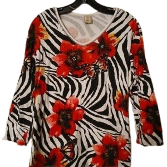 Jess & Jane Red Floral Zebra artsy embellished Print Top Boho Festival- Large - Picture 3 of 9